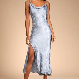 Lulus All About You Slate Blue Floral Jacquard Satin Midi Dress - Size S